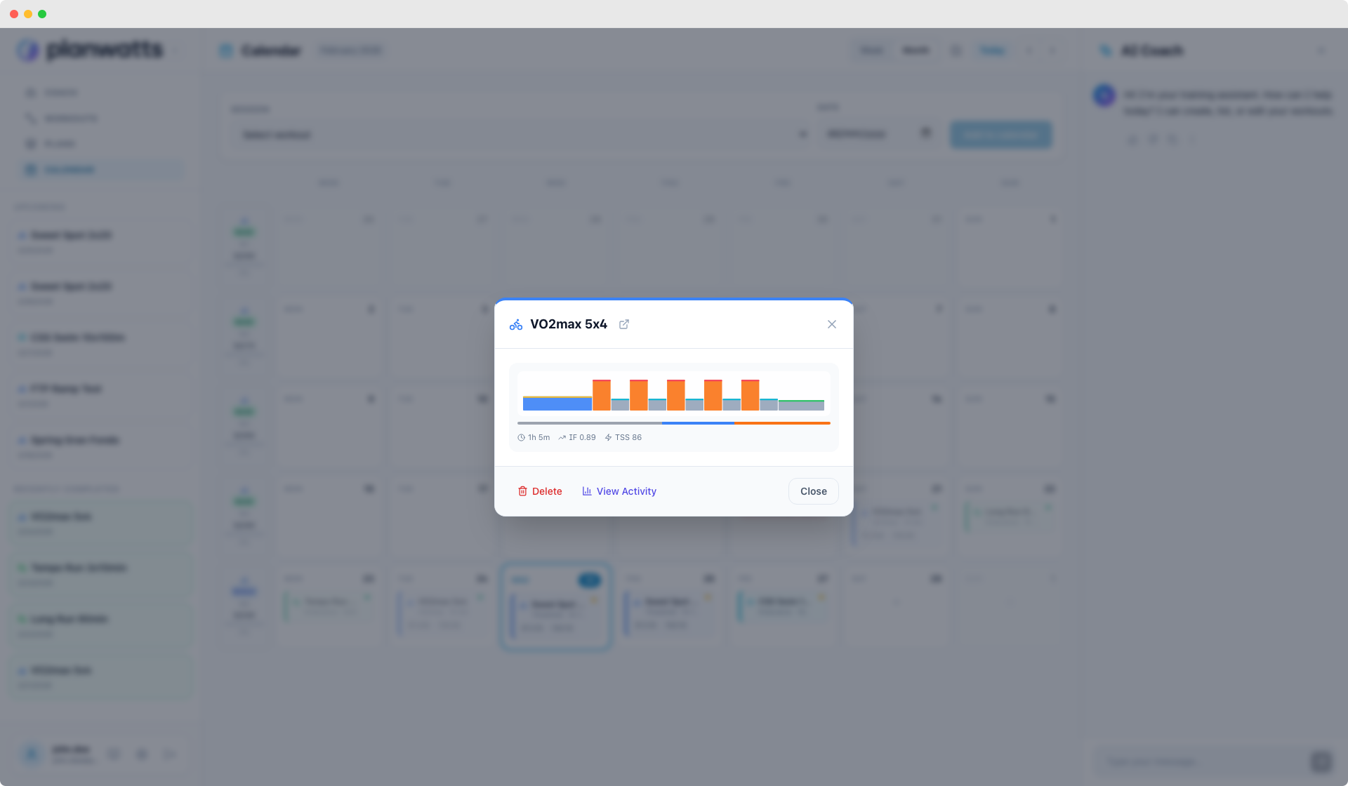 Modal d'événement du calendrier pour une activité terminée avec boutons Voir l'activité et Demander au Coach
