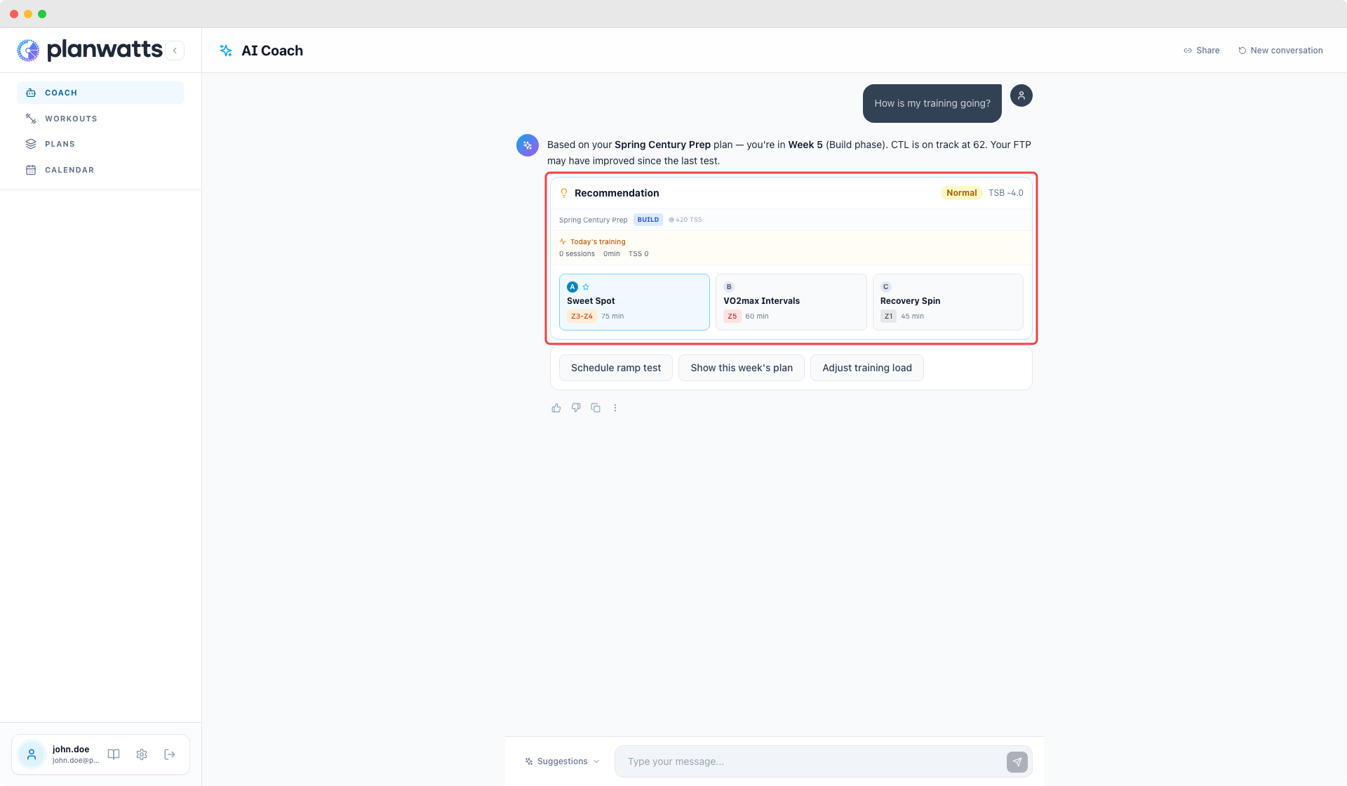 Coach on the activity detail page with context awareness