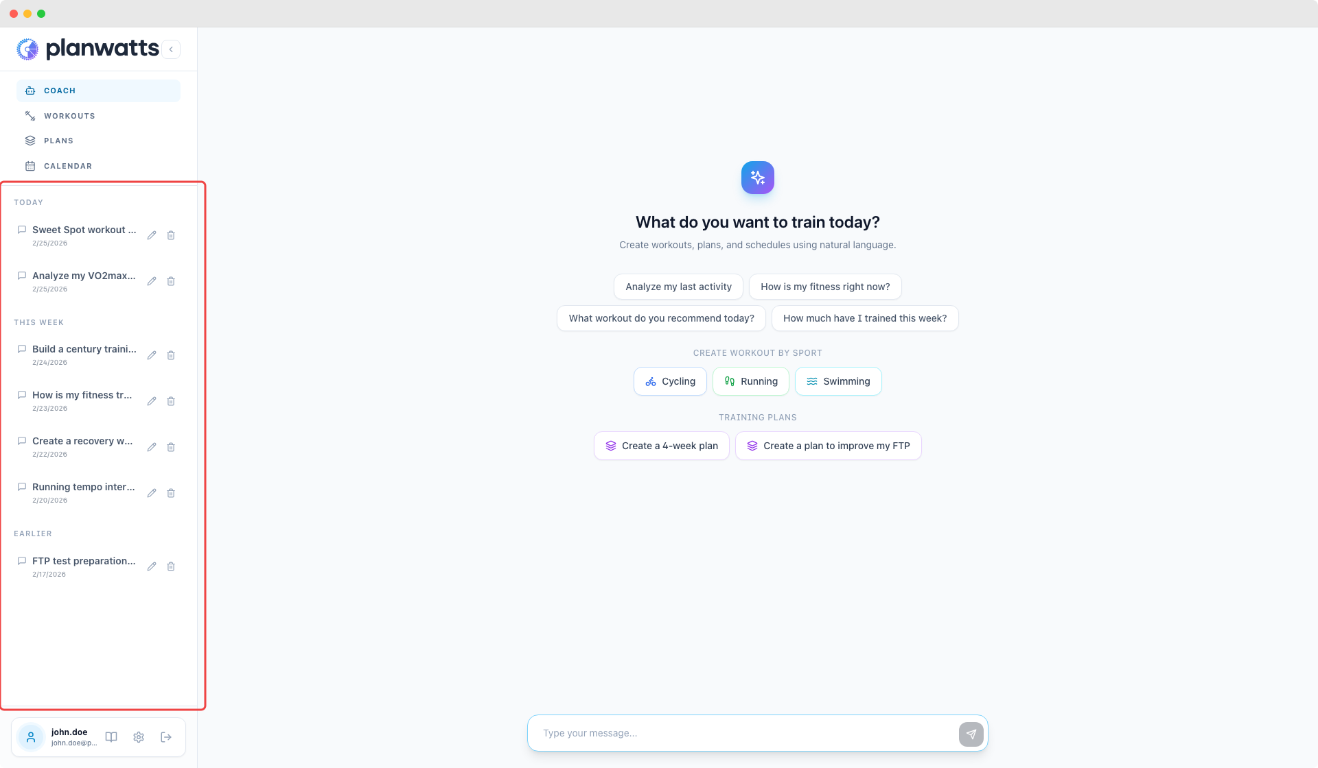 Sidebar showing conversation list with search bar