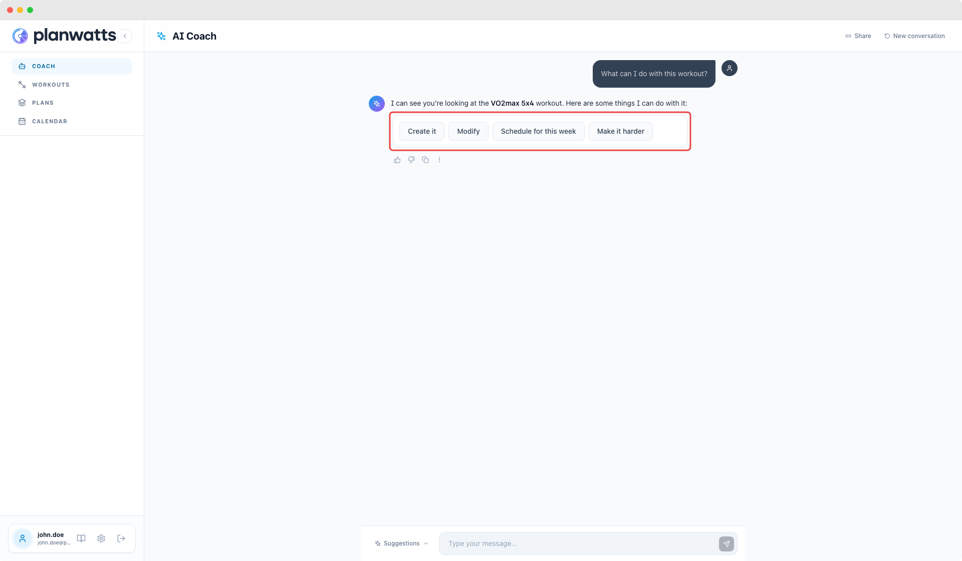 Coach response with interactive option buttons