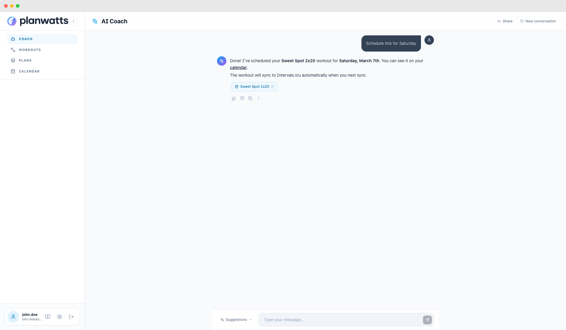 Coach-Konversation mit Bestätigung eines geplanten Workouts