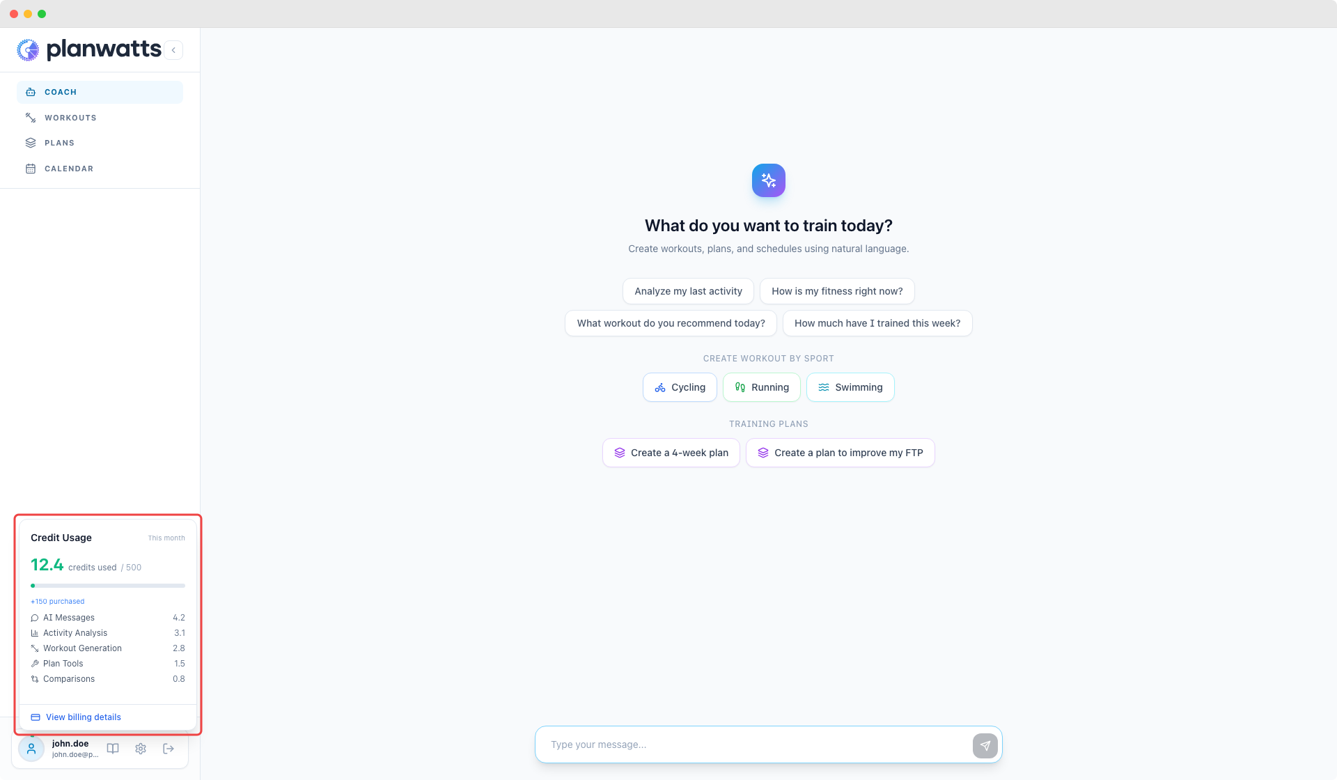 Popover de créditos com detalhe de utilização