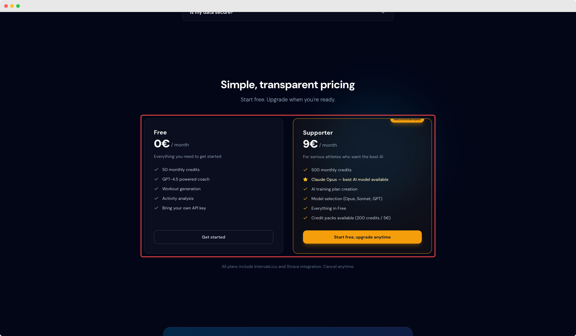 Pricing: Free and Supporter tiers