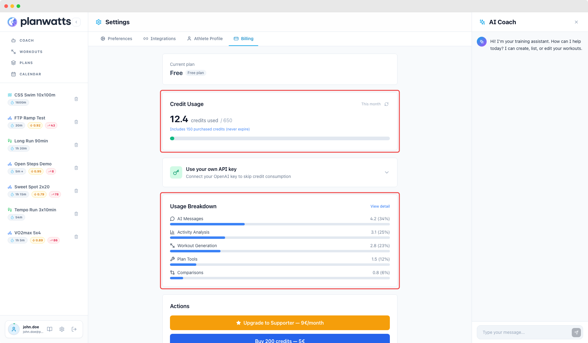 Painel de faturação nas Configurações com detalhe de utilização