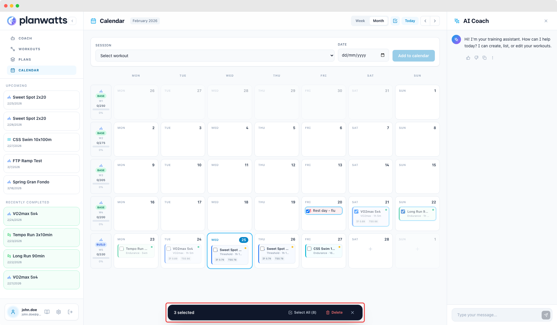 Kalender im Auswahlmodus mit Massenlösch-Aktionsleiste