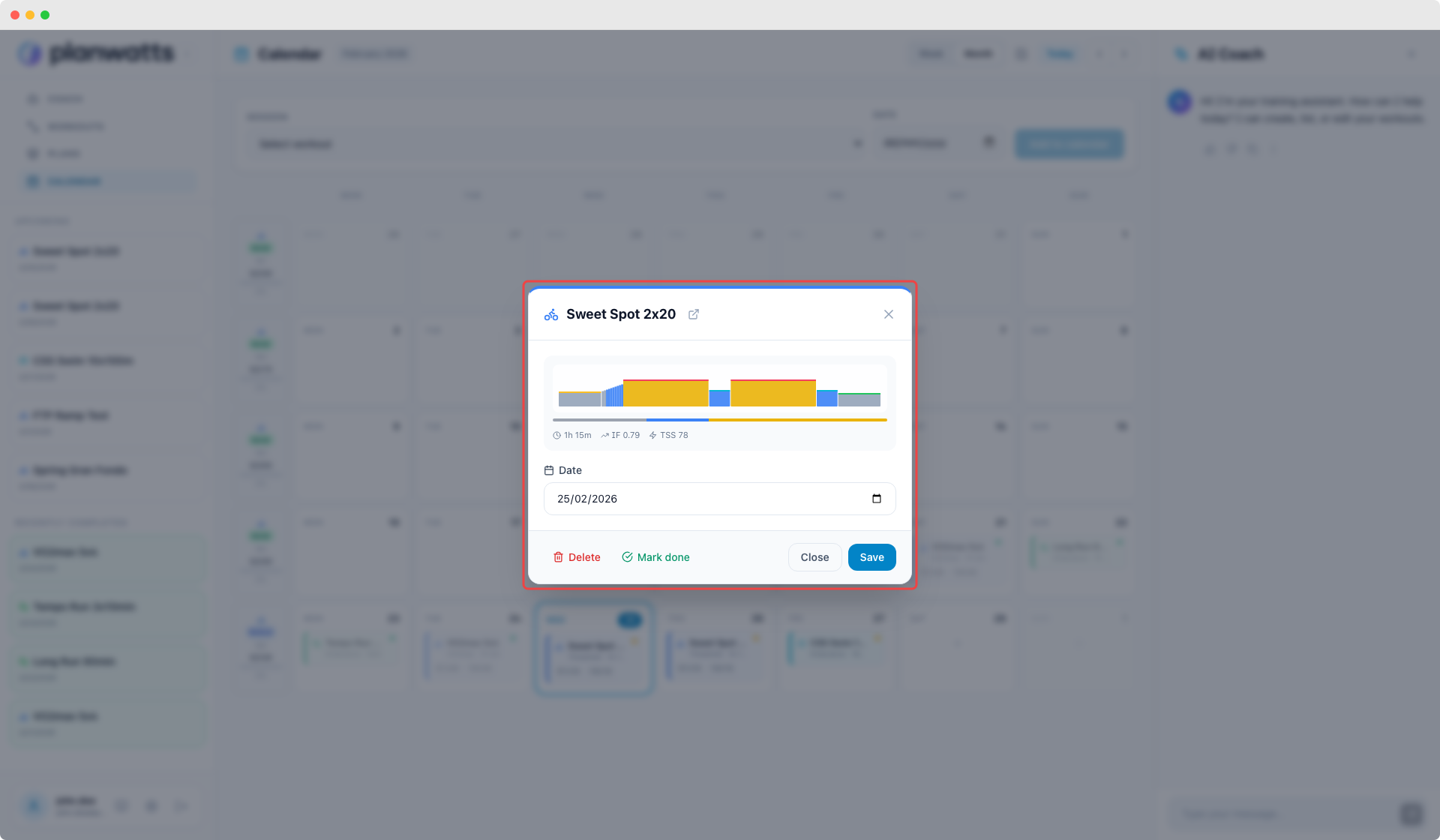 EventModal para un entrenamiento de ciclismo planificado