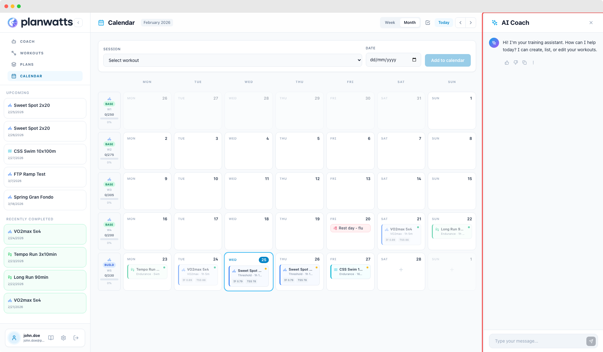 Barra lateral del calendario con próximos entrenamientos y actividades recientes