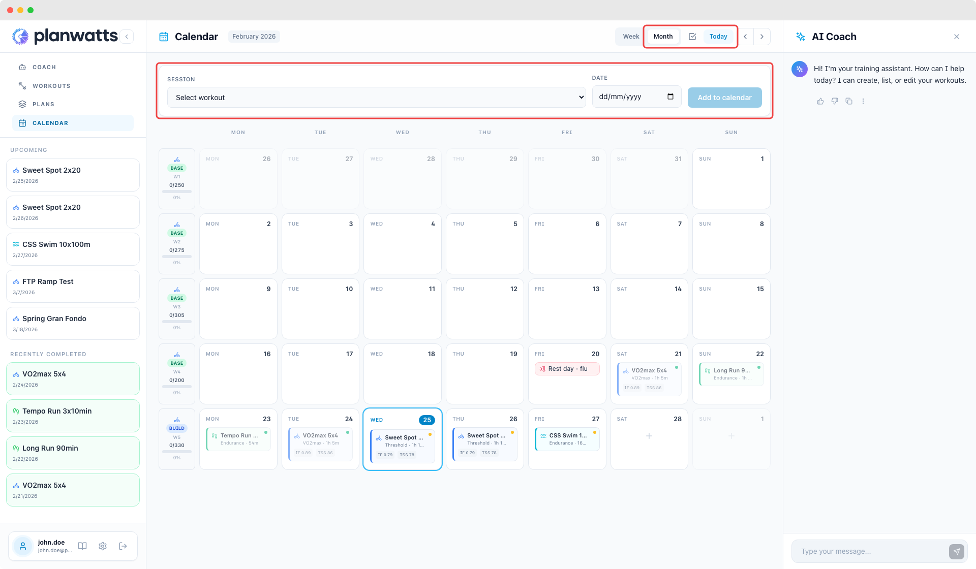 Calendar toolbar with month/week toggle and navigation
