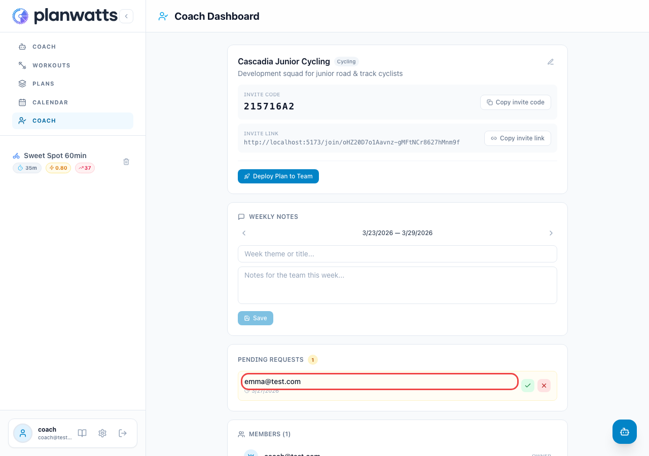 Solicitudes pendientes en el panel de coach