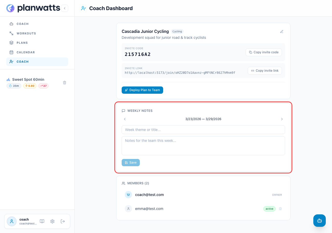 Editor de notas semanales en el panel de coach