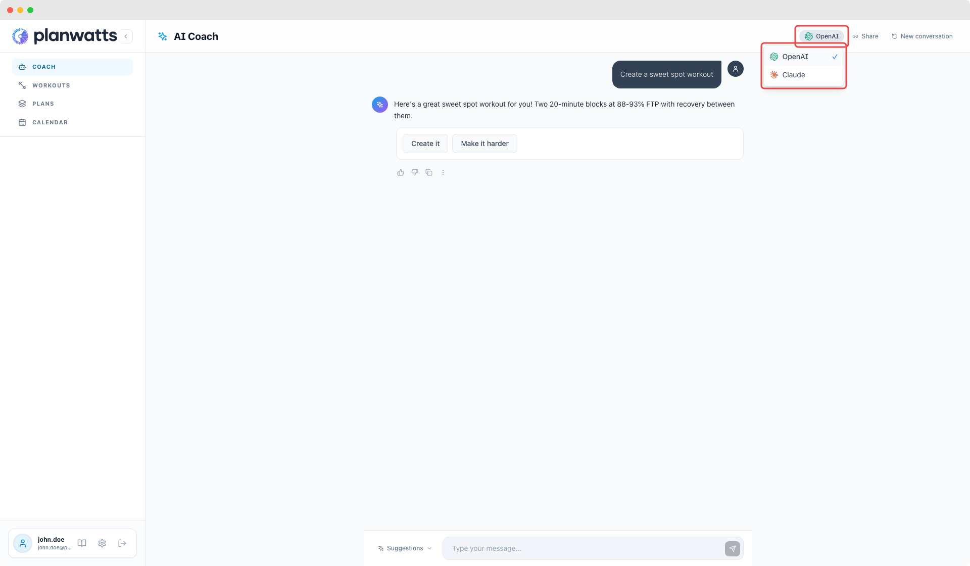 Model picker in chat