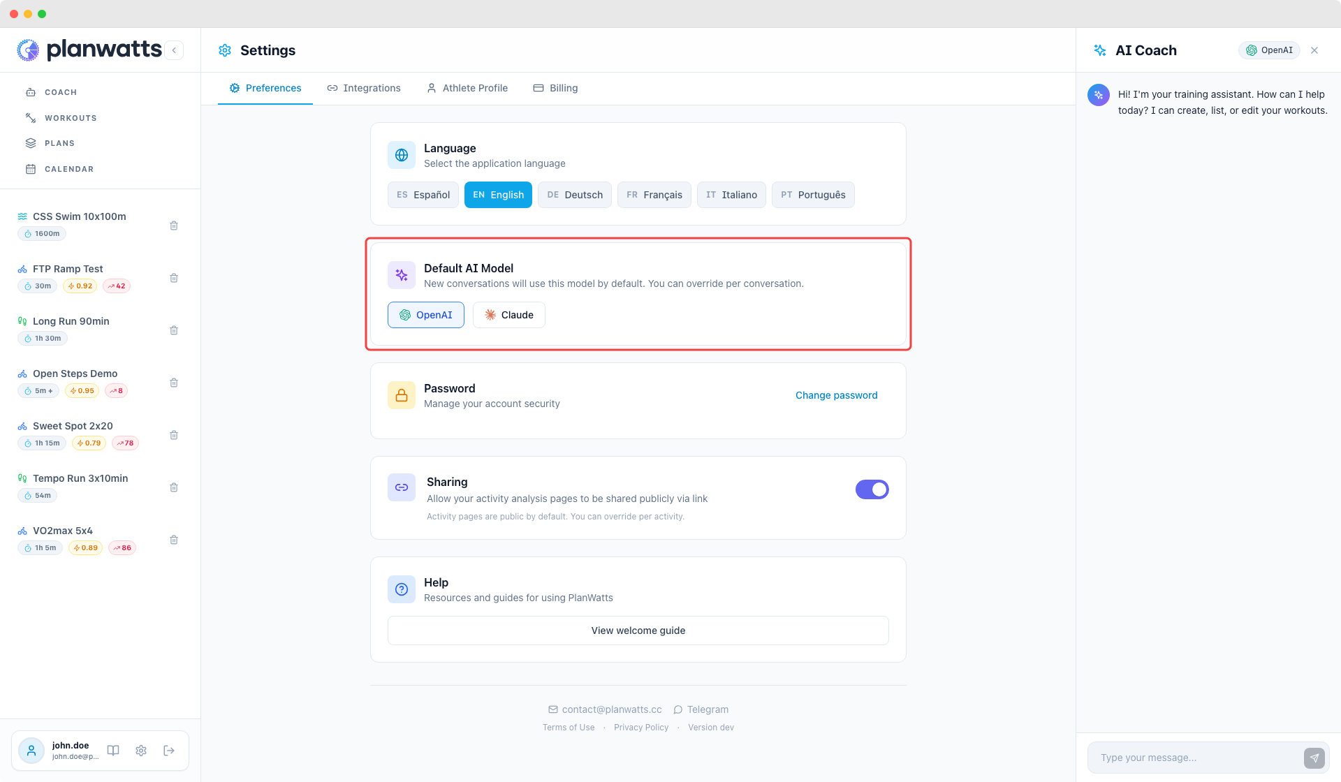 Default AI model in Settings