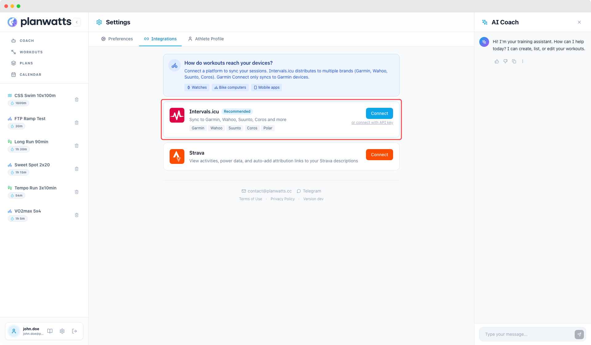 Intervals.icu Integrationskarte verbunden via OAuth