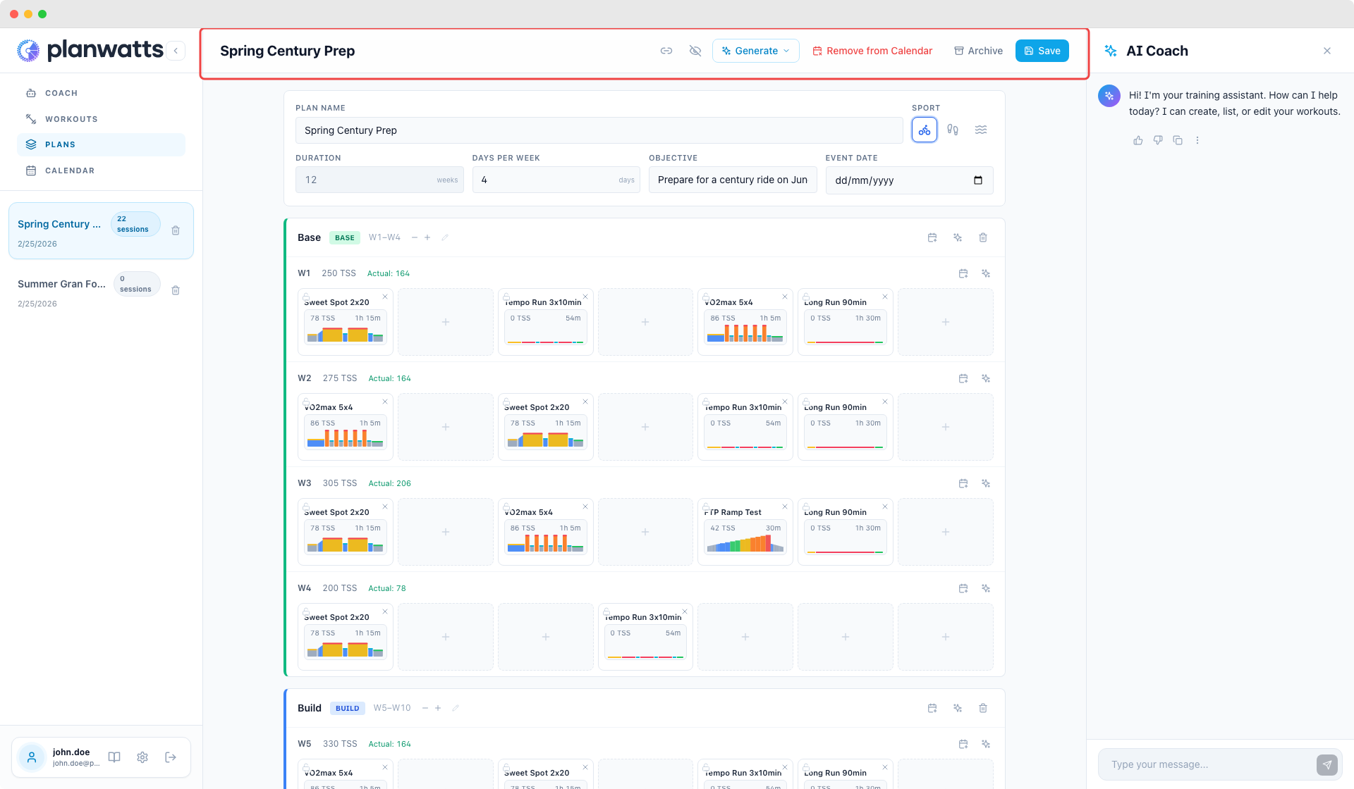 Plan-Editor und Kalender mit synchronisierten Workouts