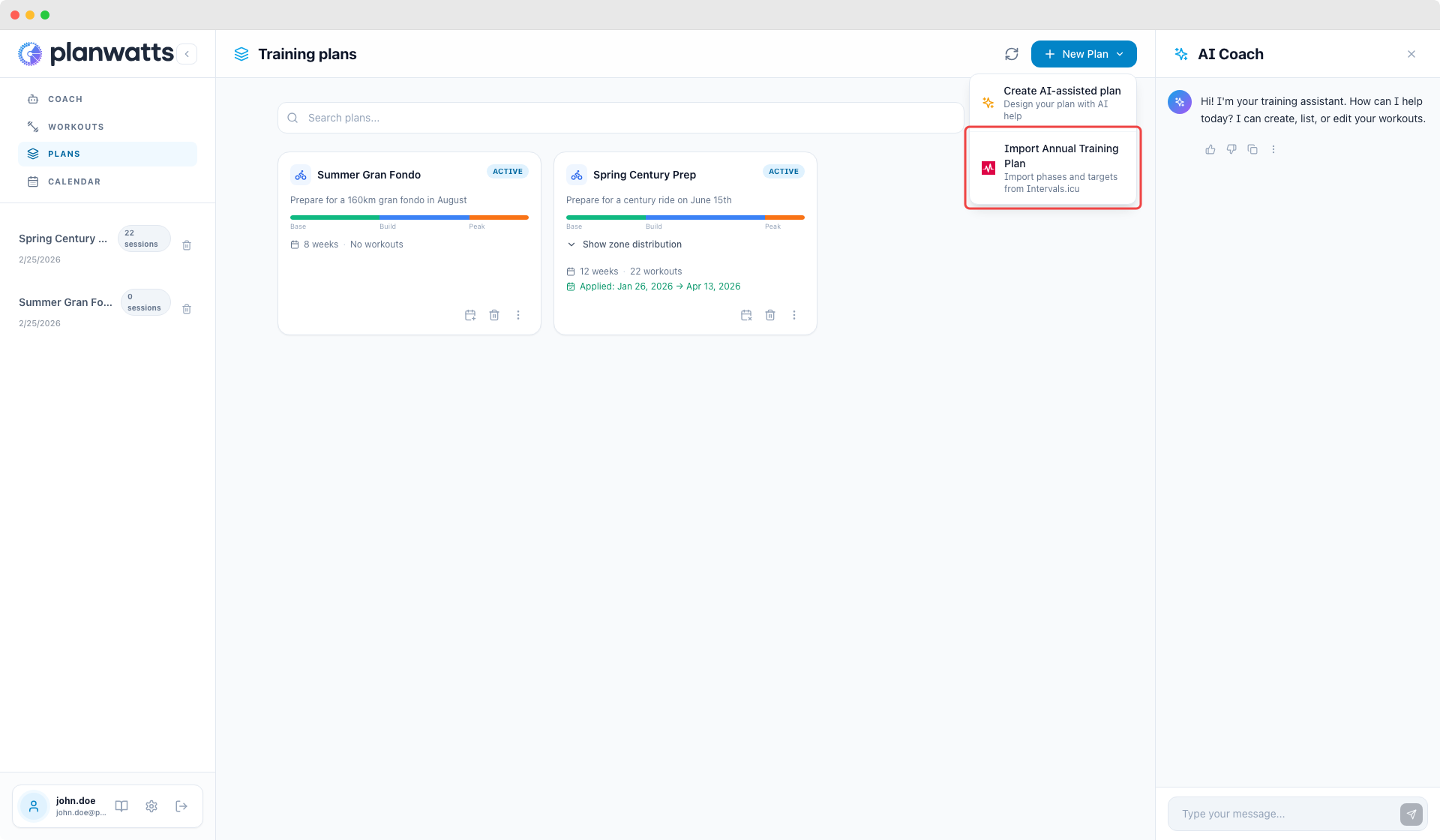 Menu Nuovo piano con opzione Importa Piano di Allenamento Annuale