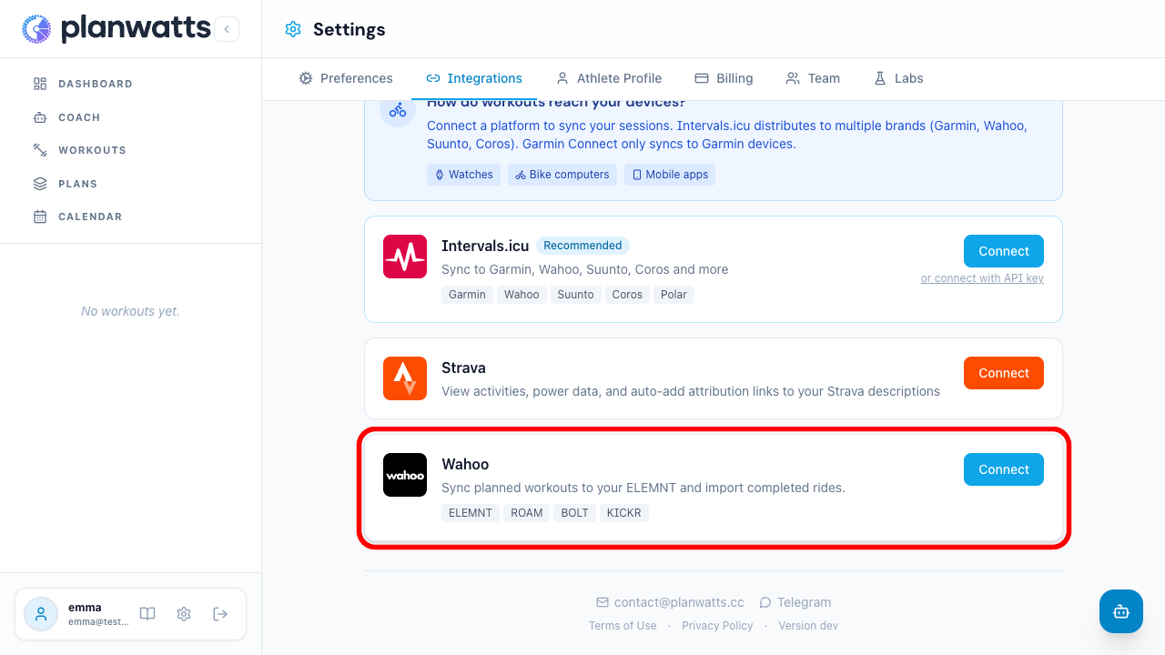 Connect Wahoo from Settings → Integrations
