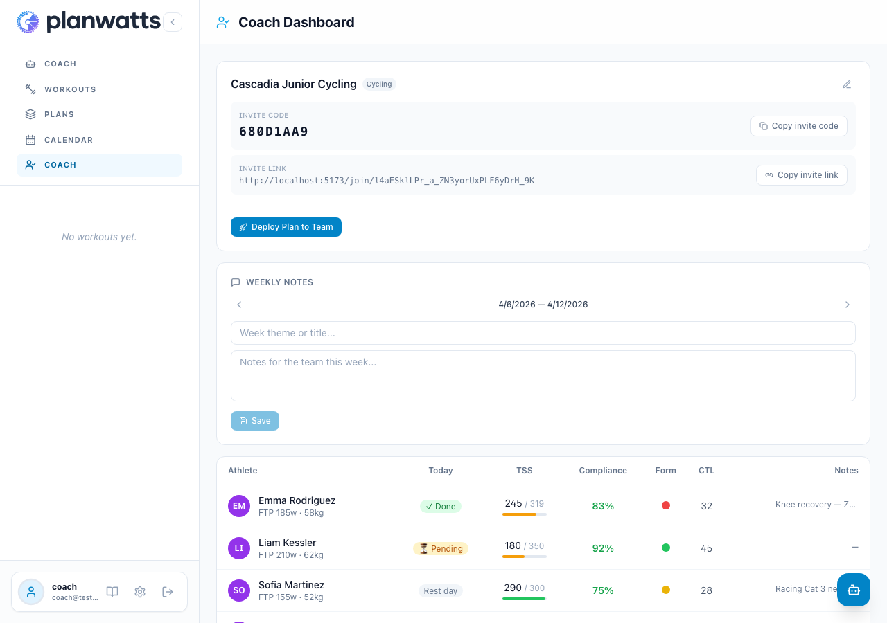 Coach dashboard with roster table