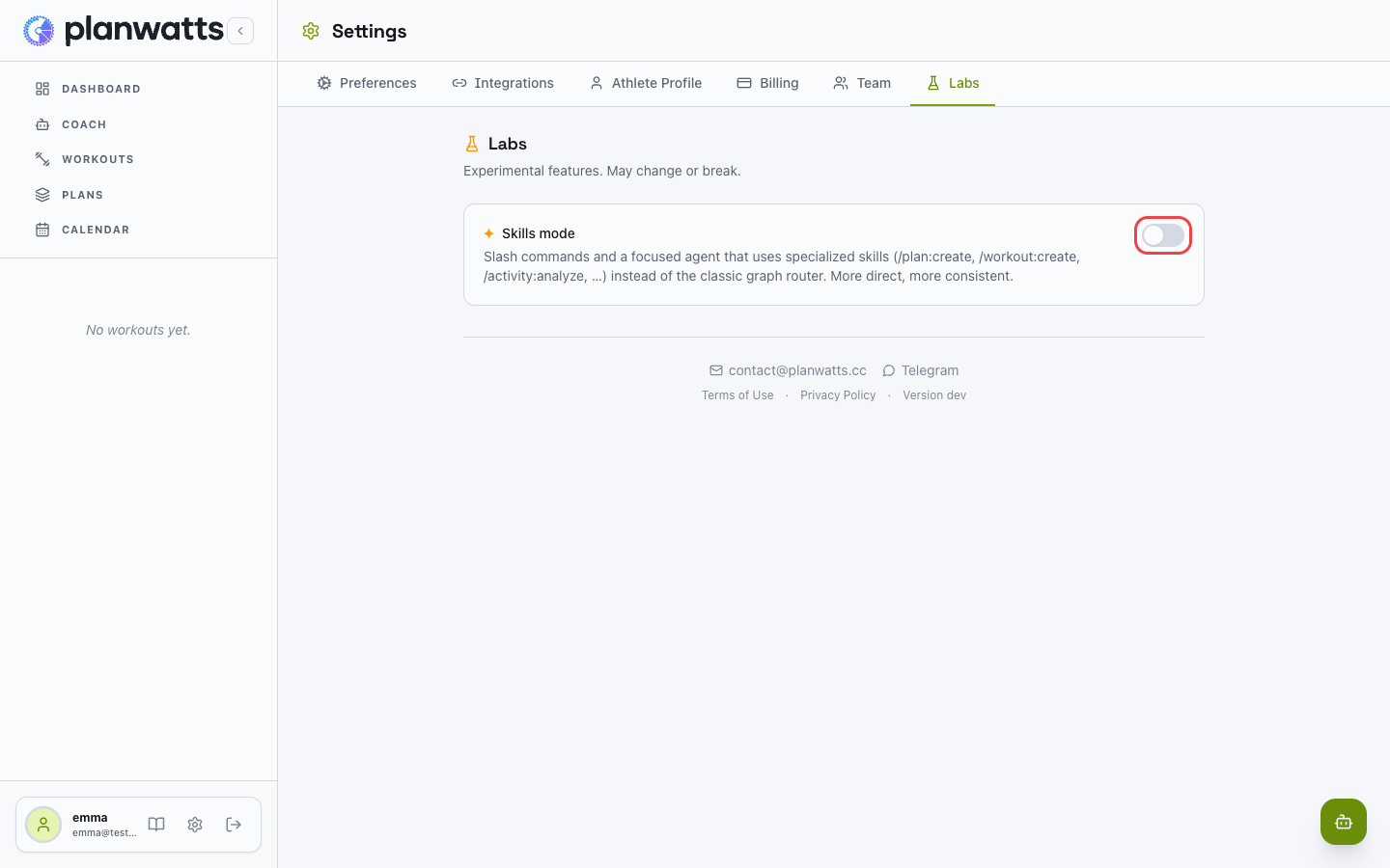 Skills mode toggle in Settings → Labs