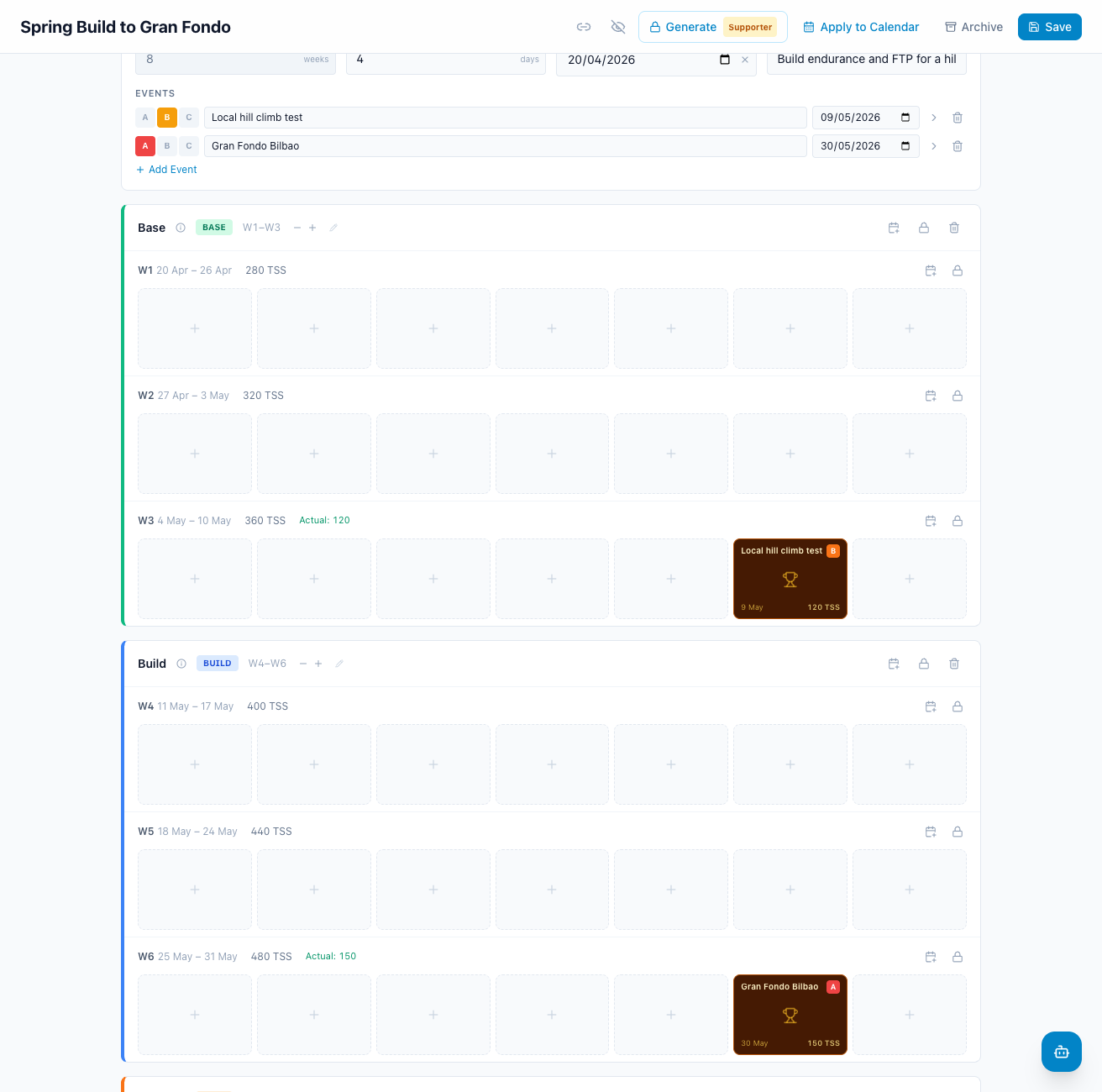Plan editor with events grid and start date