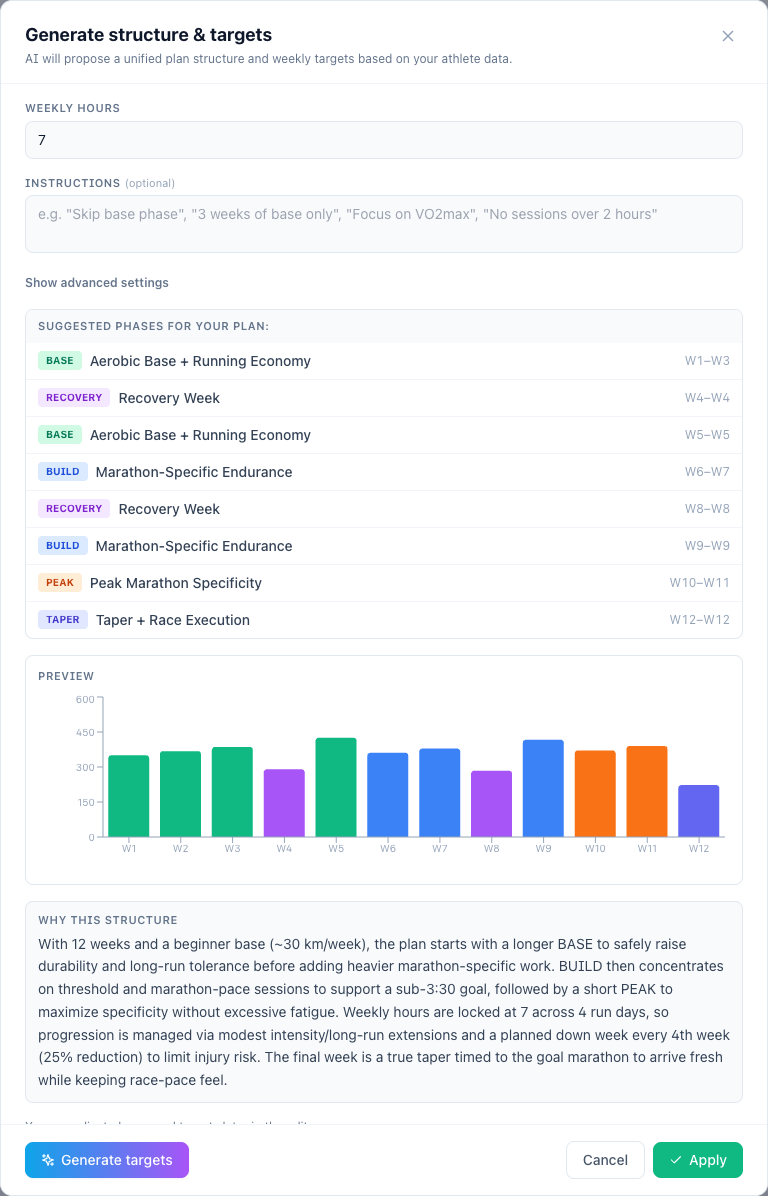 Plan Setup wizard with rationale and preferences