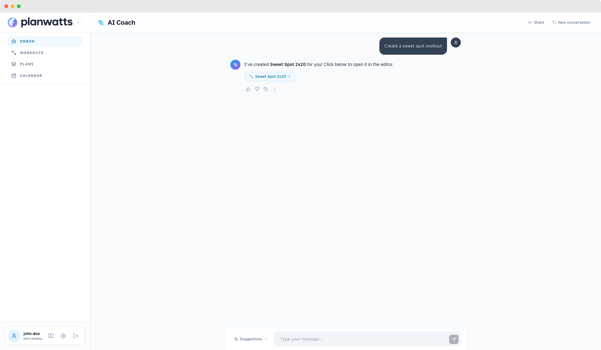 Coach-Chat zeigt eine Workout-Erstellung mit Link zum Editor