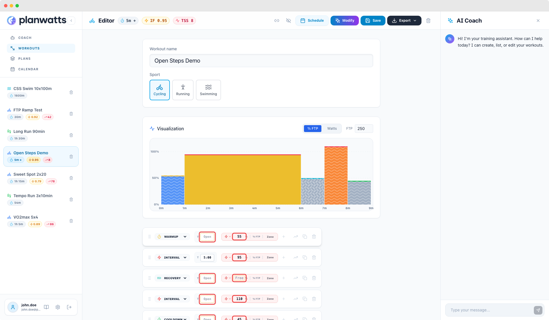 Editor allenamenti con step aperti con bordi tratteggiati e pattern ondulato nel grafico