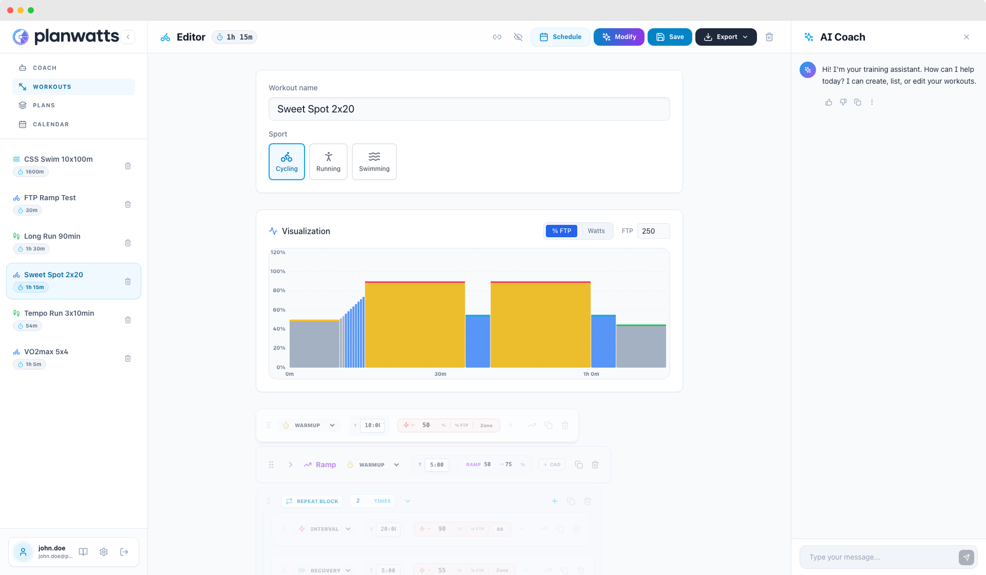 Workout-Editor mit Echtzeit-Leistungschart und zonenfarbigen Balken